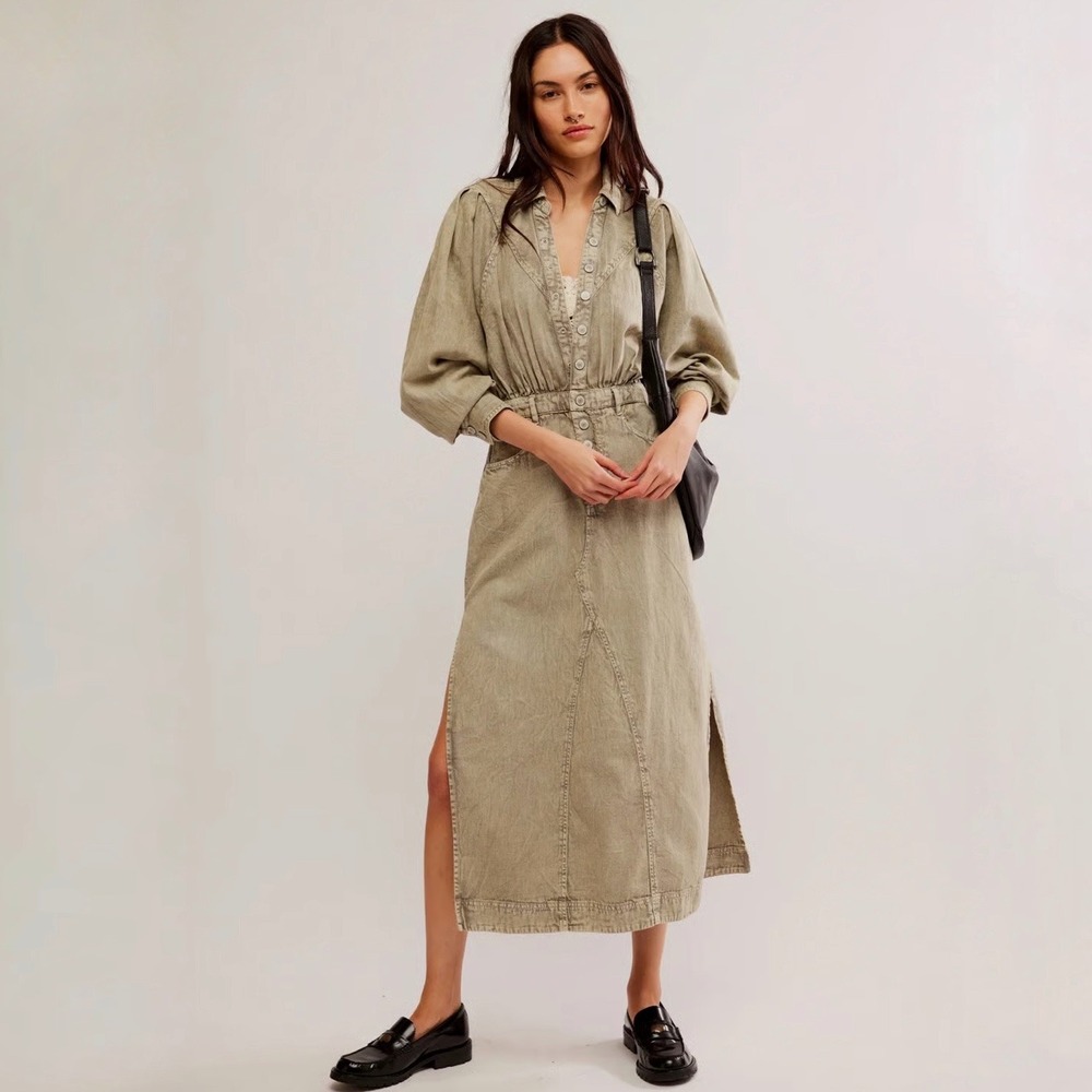Free People | Mad Love‎ Denim Midi Dress Washed Olive Green Size M